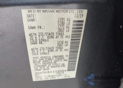 2020 Nissan Murano Platinum Intelligent Awd из США, поврежденный, VIN 5N1AZ2DS8LN119404